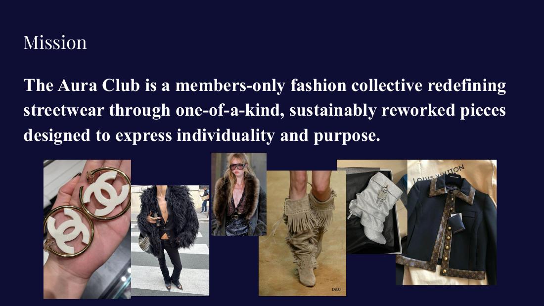 The Aura Club mission slide with upcycled fashion